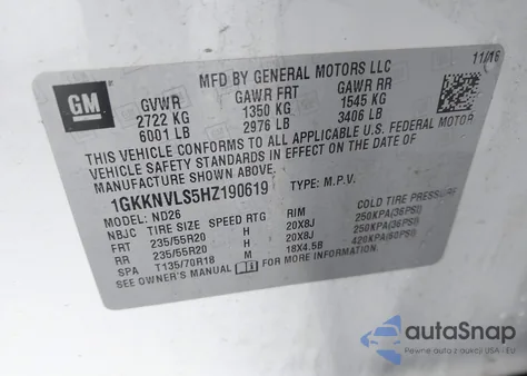 2017 GMC Acadia Slt-1 z USA, uszkodzony, nr VIN 1GKKNVLS5HZ190619